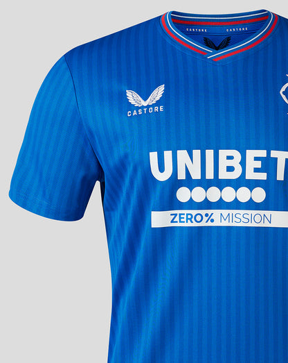 Front view of blue Rangers 23/24 home shirt with UNIBET sponsor and Rangers crest on the chest