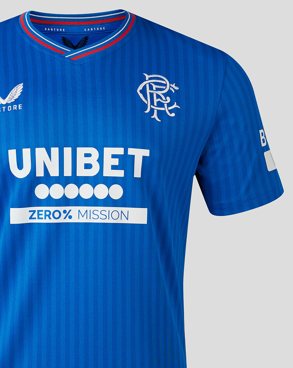 Blue Rangers home shirt chest close-up with club crest on left and UNIBET sponsor.