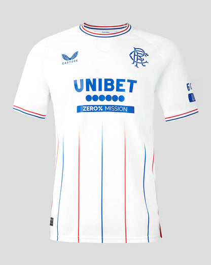 White Rangers away shirt with blue and red vertical stripes and UNIBET sponsor across the chest