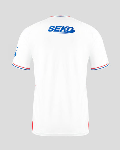 Back view of white Rangers 23/24 away shirt with blue SEKO logo on the upper back.