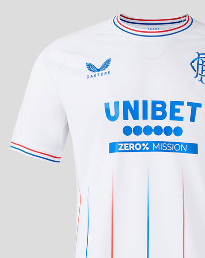 Front view of white Rangers 23/24 away shirt featuring blue UNIBET sponsor and club crest.