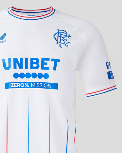 Close up of white Rangers away shirt showing club crest on left chest and UNIBET sponsor.