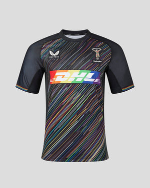 Harlequins 23/24 Replica Pride Shirt with multicolor diagonal stripes and DHL rainbow stripe across the chest