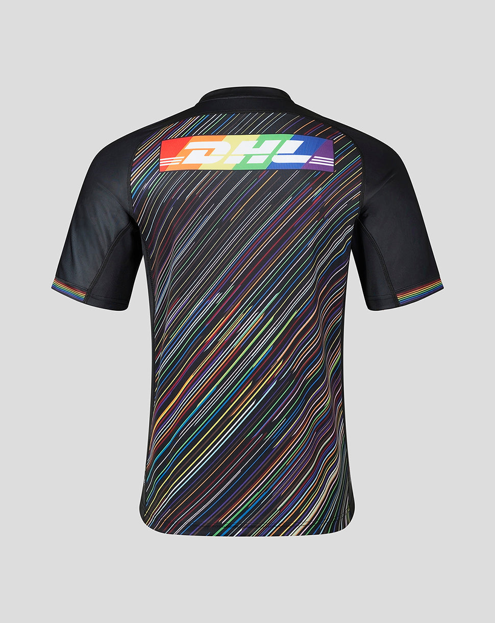 Back view of Harlequins 23/24 Replica Pride shirt with vibrant rainbow diagonal stripes and a DHL banner across the back.