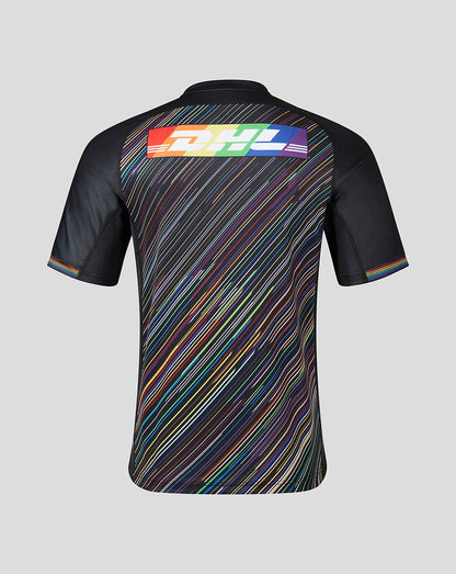 Back view of Harlequins 23/24 Replica Pride shirt with vibrant rainbow diagonal stripes and a DHL banner across the back.