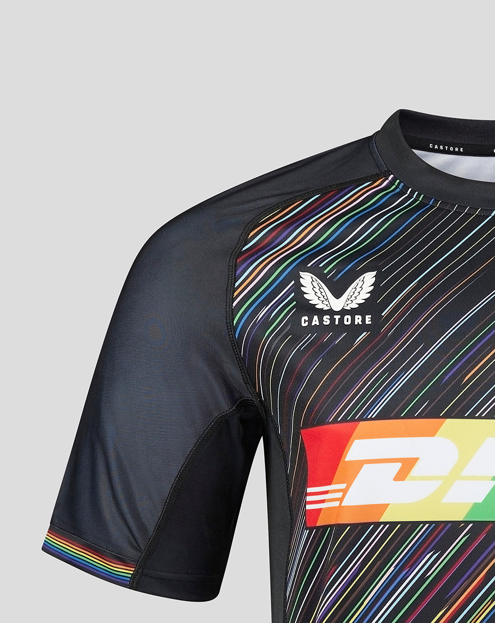 Front of Pride shirt with Castore logo and rainbow stripes across the chest and sleeve trim