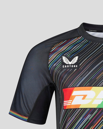 Front of Pride shirt with Castore logo and rainbow stripes across the chest and sleeve trim