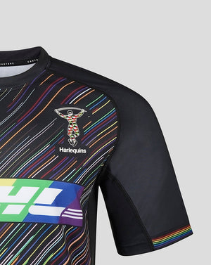 Harlequins Pride shirt chest area with multicolor diagonal stripes and crest