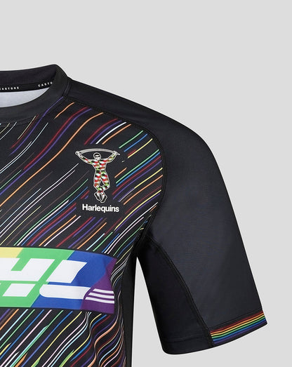 Harlequins Pride shirt chest area with multicolor diagonal stripes and crest