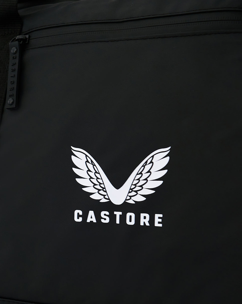 Black holdall fabric with white Castore logo and wing emblem