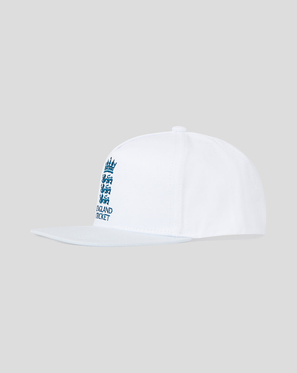 Side view of white England Cricket snapback cap with teal crest embroidery
