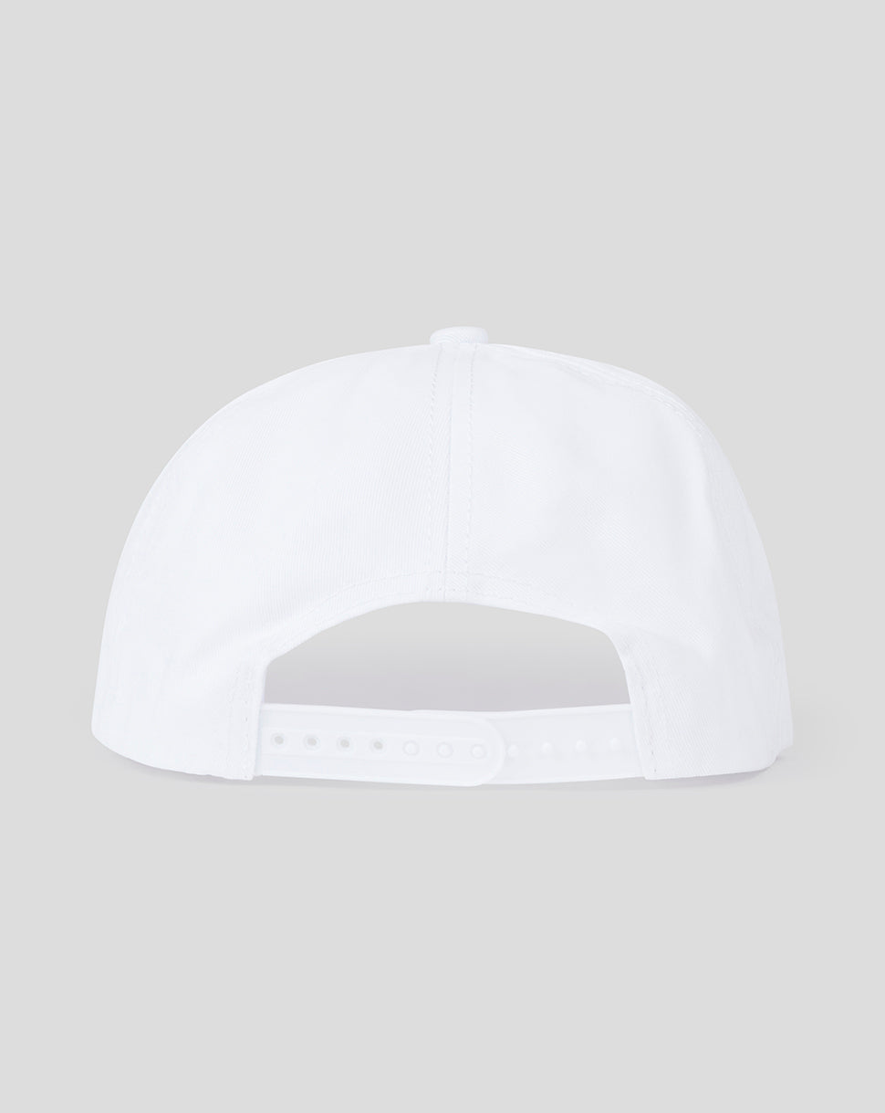 White ECB snapback cap viewed from the back with an adjustable plastic strap