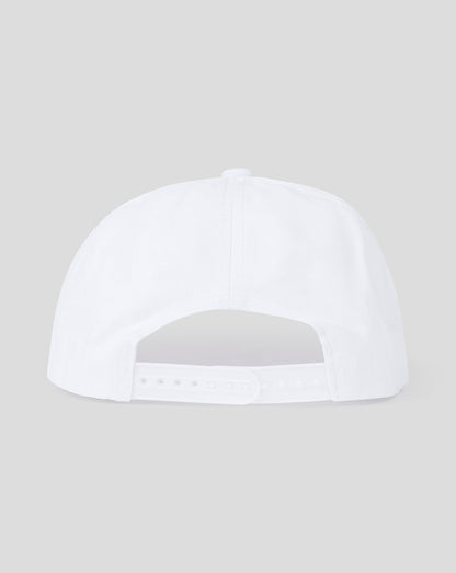 White ECB snapback cap viewed from the back with an adjustable plastic strap