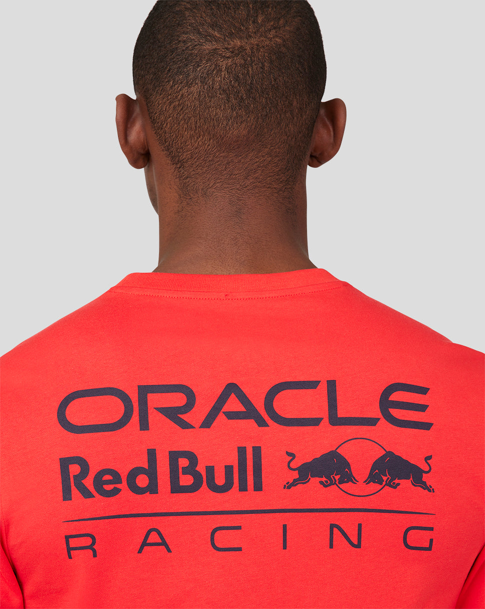 Back view of flame scarlet Oracle Red Bull Racing Core T-shirt with a large back logo and a small logo on the front