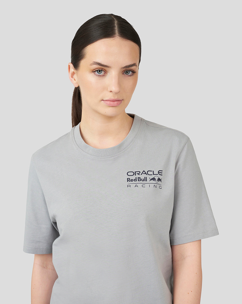 Grey Oracle Red Bull Racing Core T-shirt worn by a woman front view with left chest logo