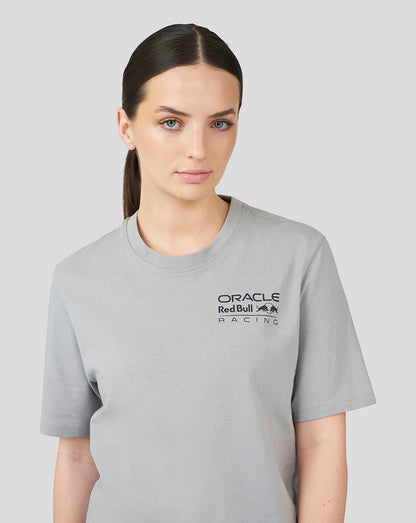 Grey Oracle Red Bull Racing Core T-shirt worn by a woman front view with left chest logo