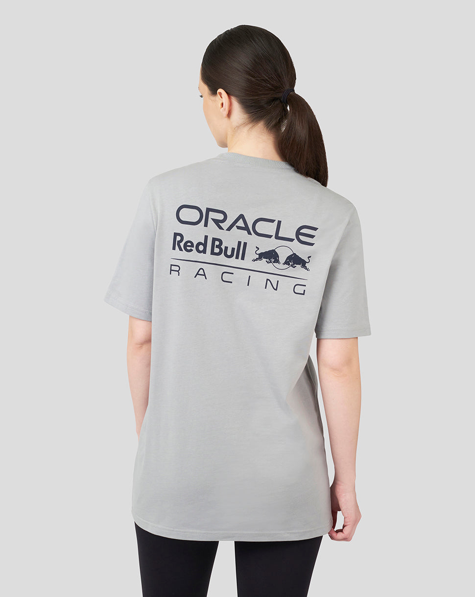 Back view of a light grey Oracle Red Bull Racing Unisex Core T Shirt with a large logo across the back