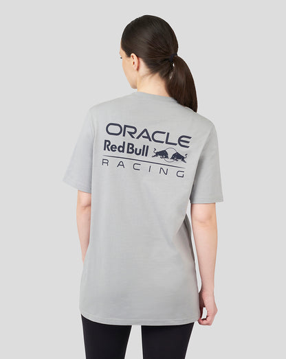 Back view of a light grey Oracle Red Bull Racing Unisex Core T Shirt with a large logo across the back