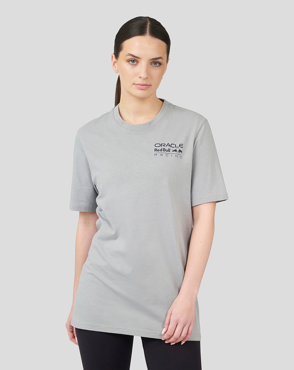 Model wearing light grey Oracle Red Bull Racing Unisex Core T Shirt with a small logo on the chest