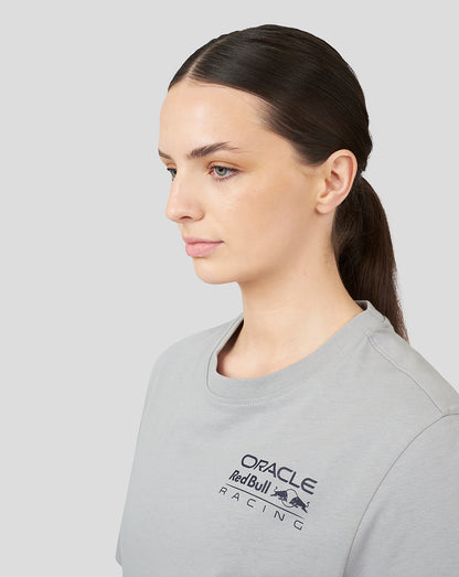 Model wearing grey Oracle Red Bull Racing Core T-Shirt showing a large back logo and a small front logo