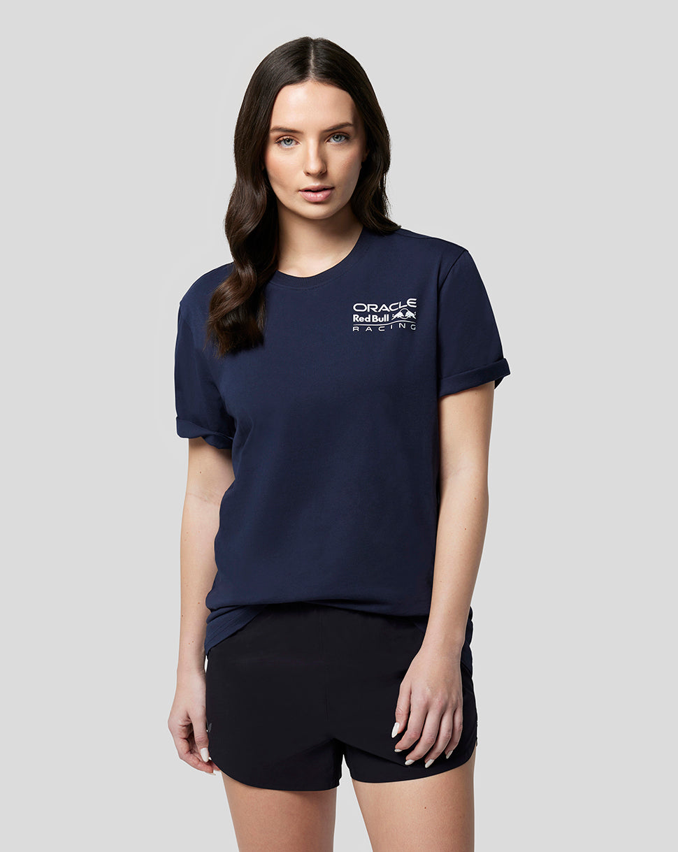 Navy Oracle Red Bull Racing Core T-Shirt worn by a model with a small front logo.