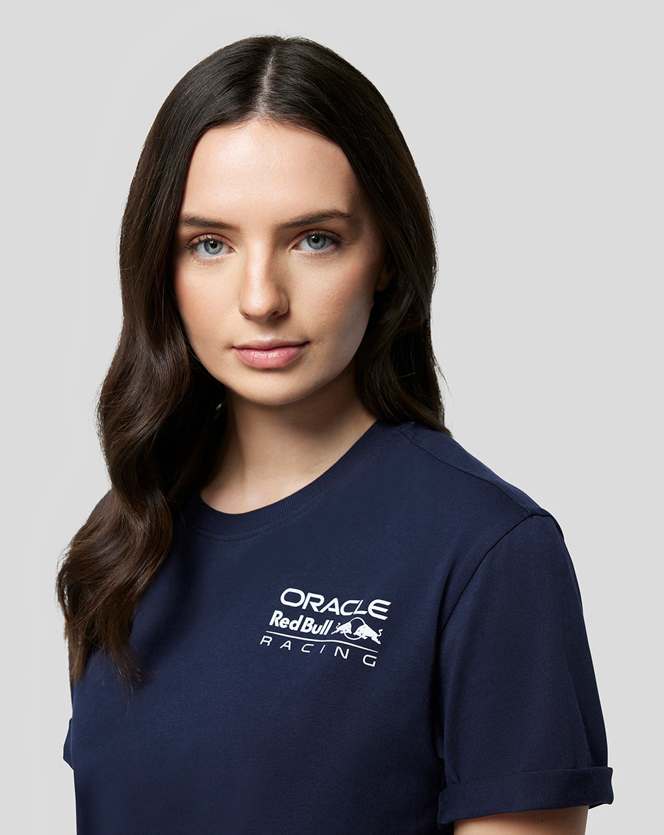 Model wearing navy Oracle Red Bull Racing Core T Shirt with front logo