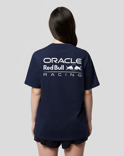 Rear view of a navy Oracle Red Bull Racing Core T-Shirt showing the large back logo.