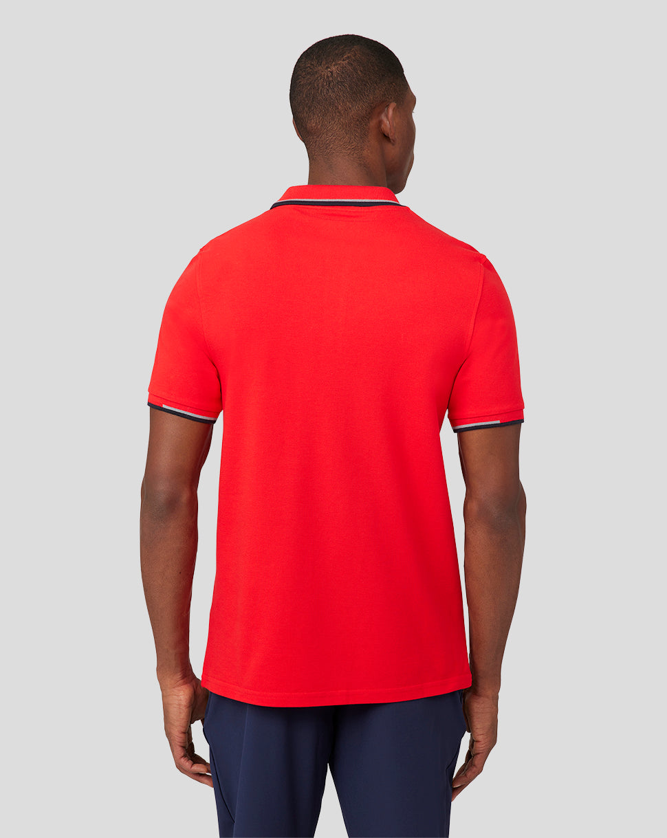 Back view of Flame Scarlet Oracle Red Bull Racing Core Polo with striped collar and sleeve trim.