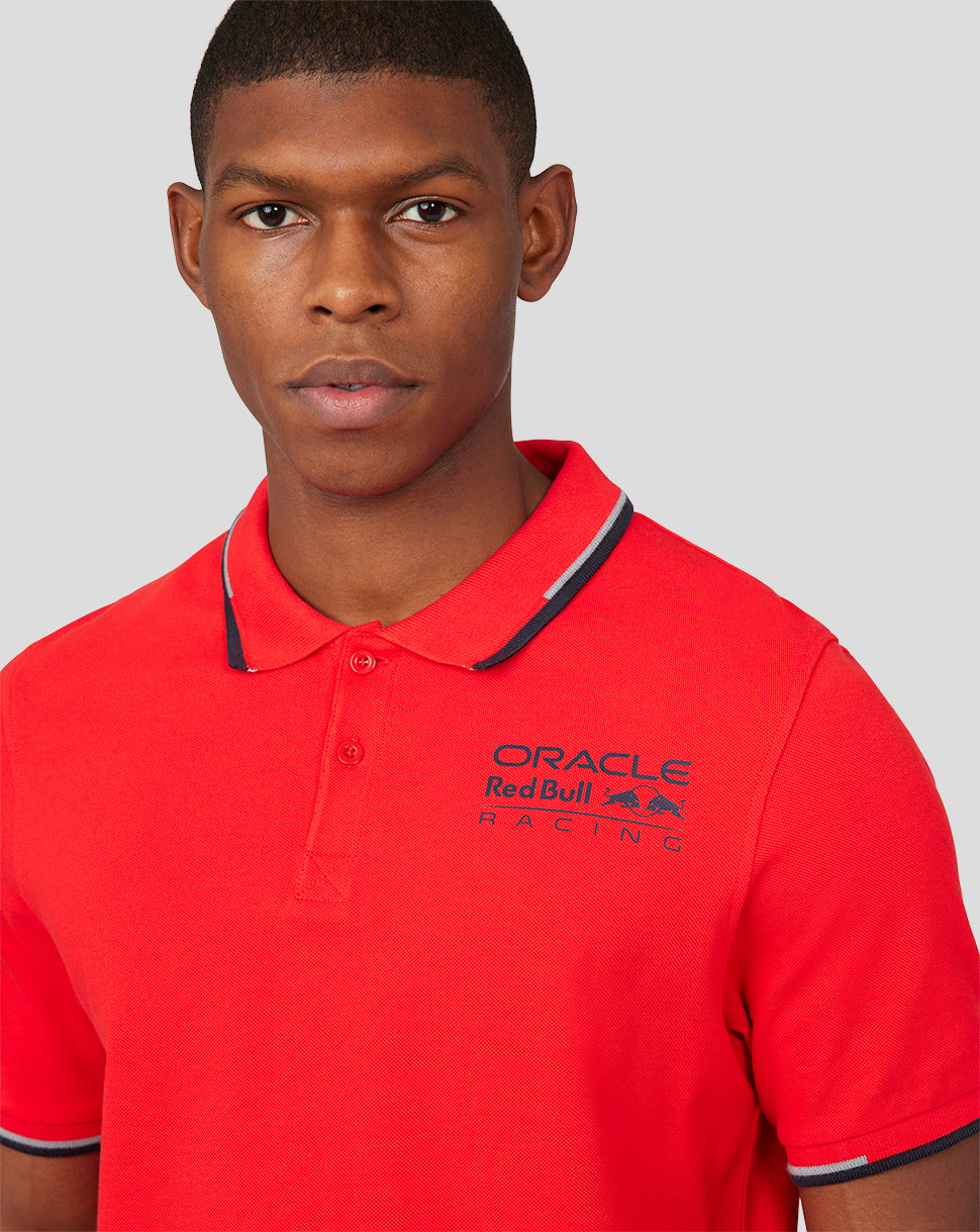 Close up of Flame Scarlet Oracle Red Bull Racing Core Polo with chest logo.