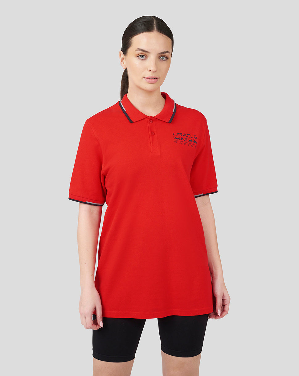 Flame Scarlet Oracle Red Bull Racing Core Polo with navy tipped collar and chest logo.