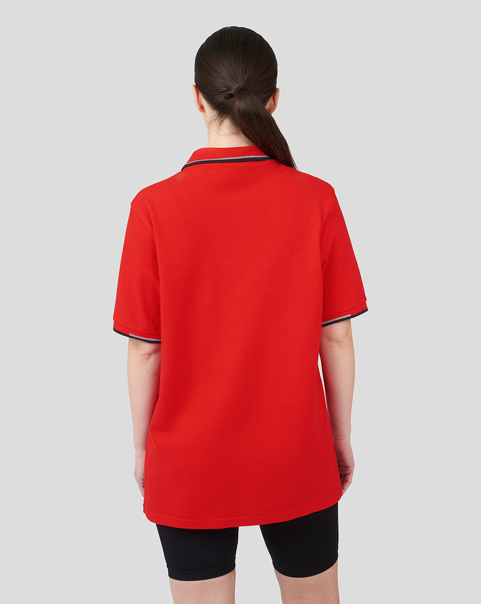 Back view of flame scarlet Oracle Red Bull Racing Core Polo with navy rib trim.