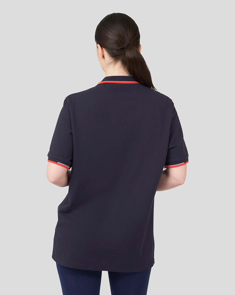 Back view of a navy Oracle Red Bull Racing Core Polo with red trim along collar and sleeve cuffs
