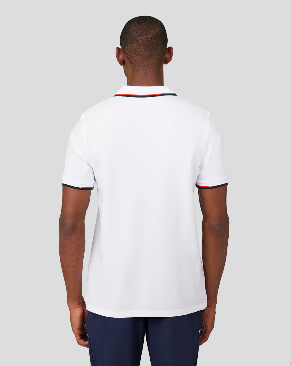 Back view of a white Oracle Red Bull Racing Core Polo with striped collar and cuff trim.