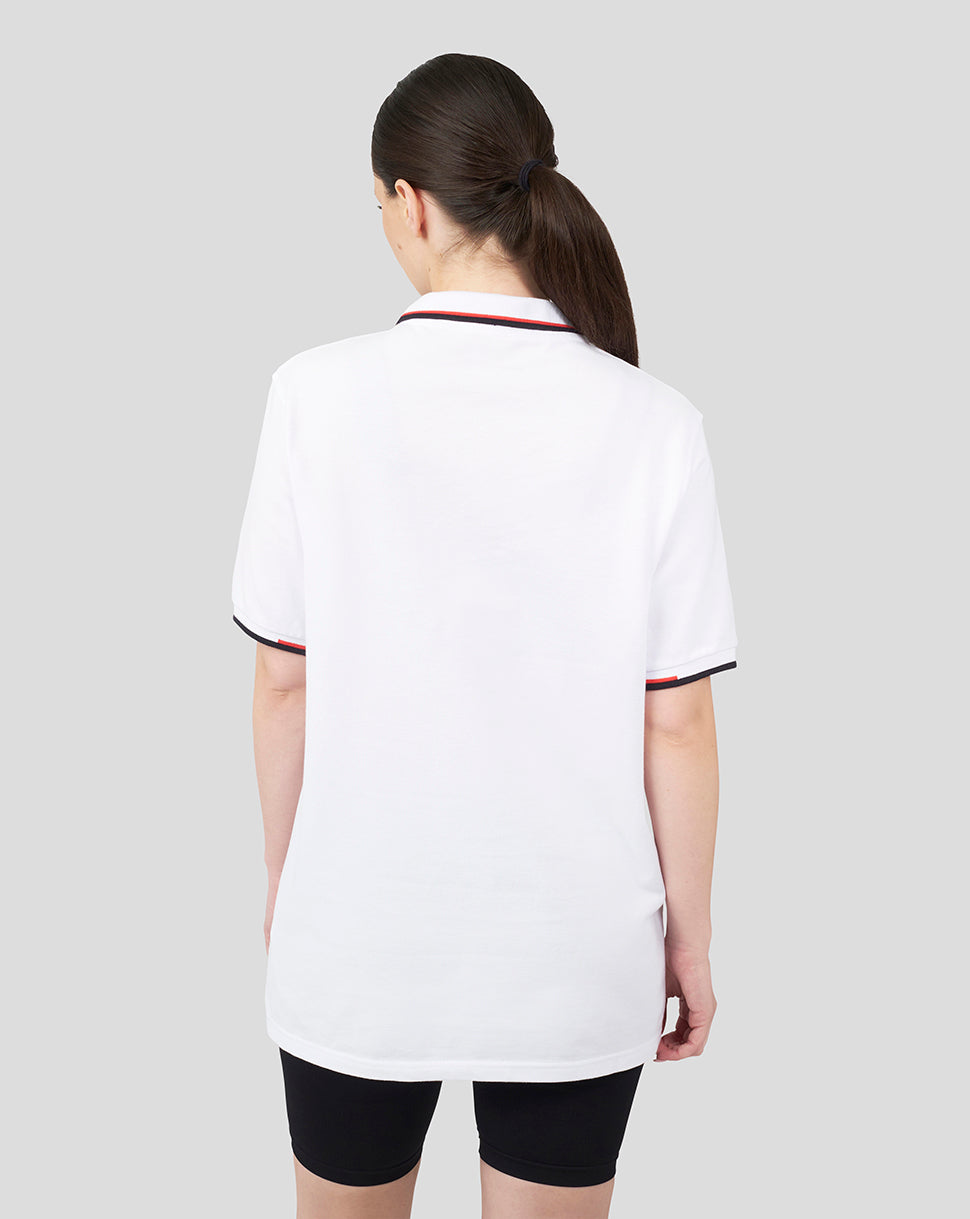 Back view of white Oracle Red Bull Racing Core polo with navy and red rib trim.