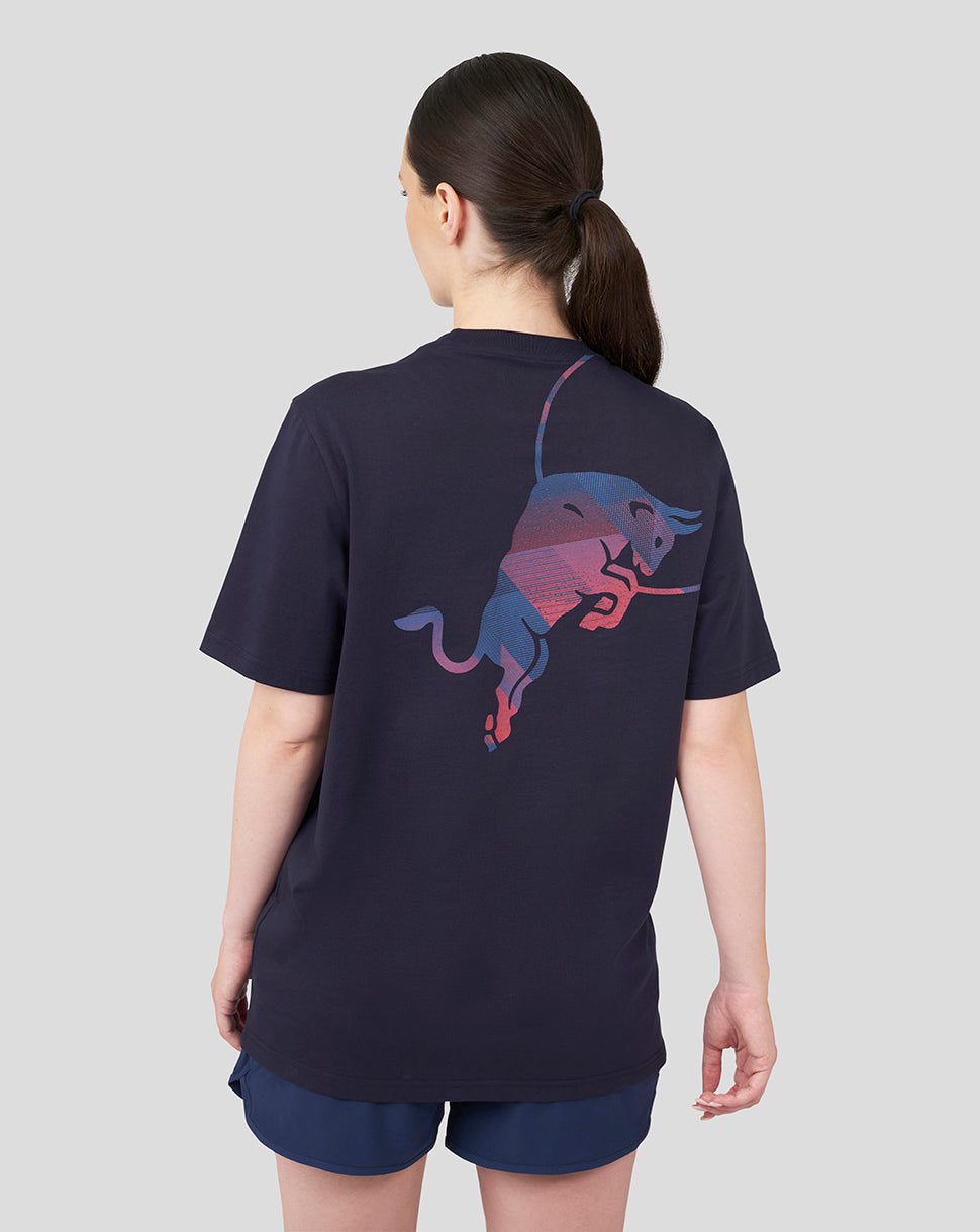 Back view of a navy Oracle Red Bull Racing graphic T shirt featuring a large multicolor bull graphic on the back.