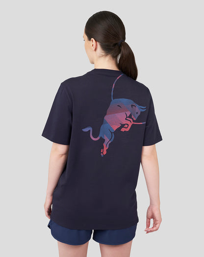 Back view of a navy Oracle Red Bull Racing graphic T shirt featuring a large multicolor bull graphic on the back.
