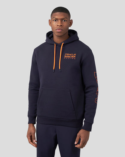 Front view of navy Oracle Red Bull Racing unisex driver hoodie with orange drawstrings and chest logo.