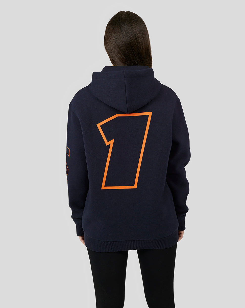 Navy Oracle Red Bull Racing hoodie viewed from the back with a large orange outlined seven on the back and orange drawstrings