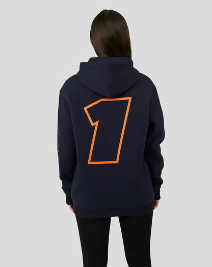 Navy Oracle Red Bull Racing hoodie viewed from the back with a large orange outlined seven on the back and orange drawstrings