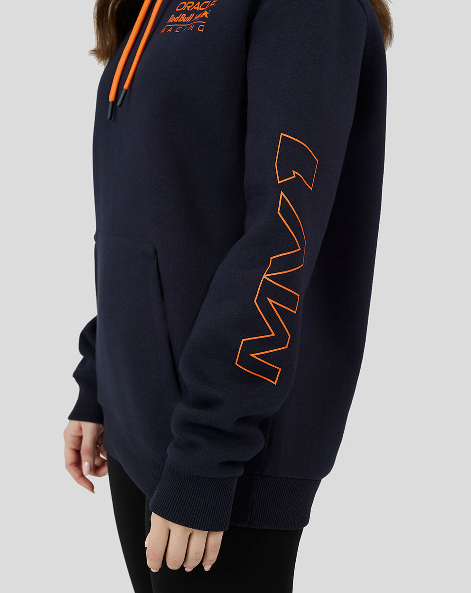 Navy hoodie with chest Oracle Red Bull Racing logo and orange drawstrings; sleeve graphics in orange