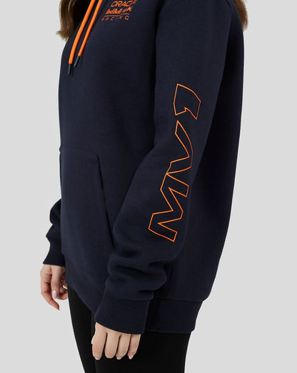 Navy hoodie with chest Oracle Red Bull Racing logo and orange drawstrings; sleeve graphics in orange