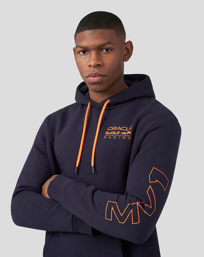 Front view of a navy hoodie with Oracle Red Bull Racing logo on the chest and orange drawstrings; bold orange graphic on the sleeve