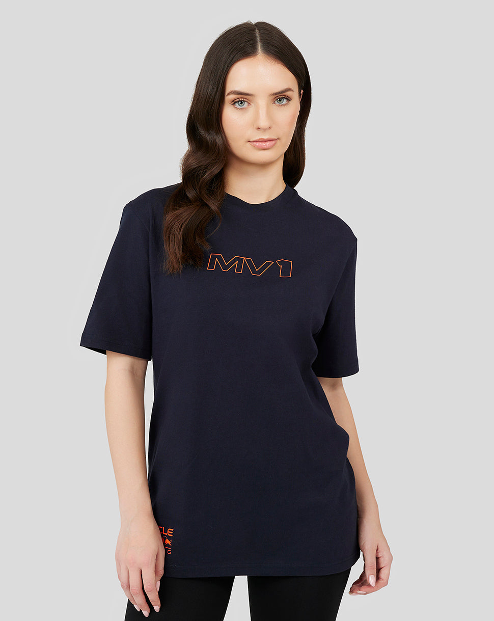 Front view of a model wearing the Oracle Red Bull Racing Night Sky unisex Max Verstappen T shirt with an orange MV1 logo on the chest