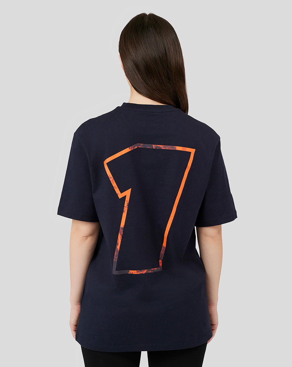 Back view of navy Max Verstappen T shirt with a large orange outlined seven graphic on the back
