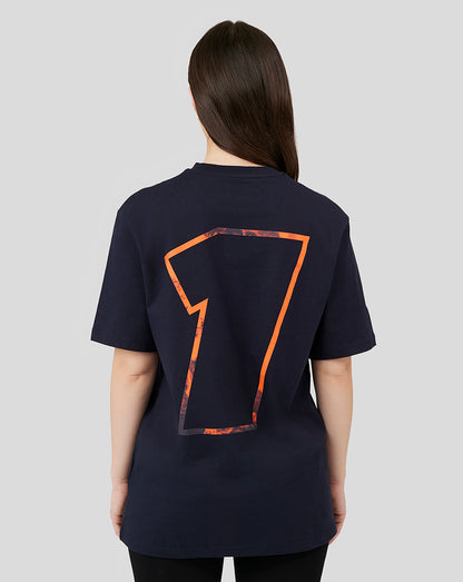 Back view of navy Max Verstappen T shirt with a large orange outlined seven graphic on the back