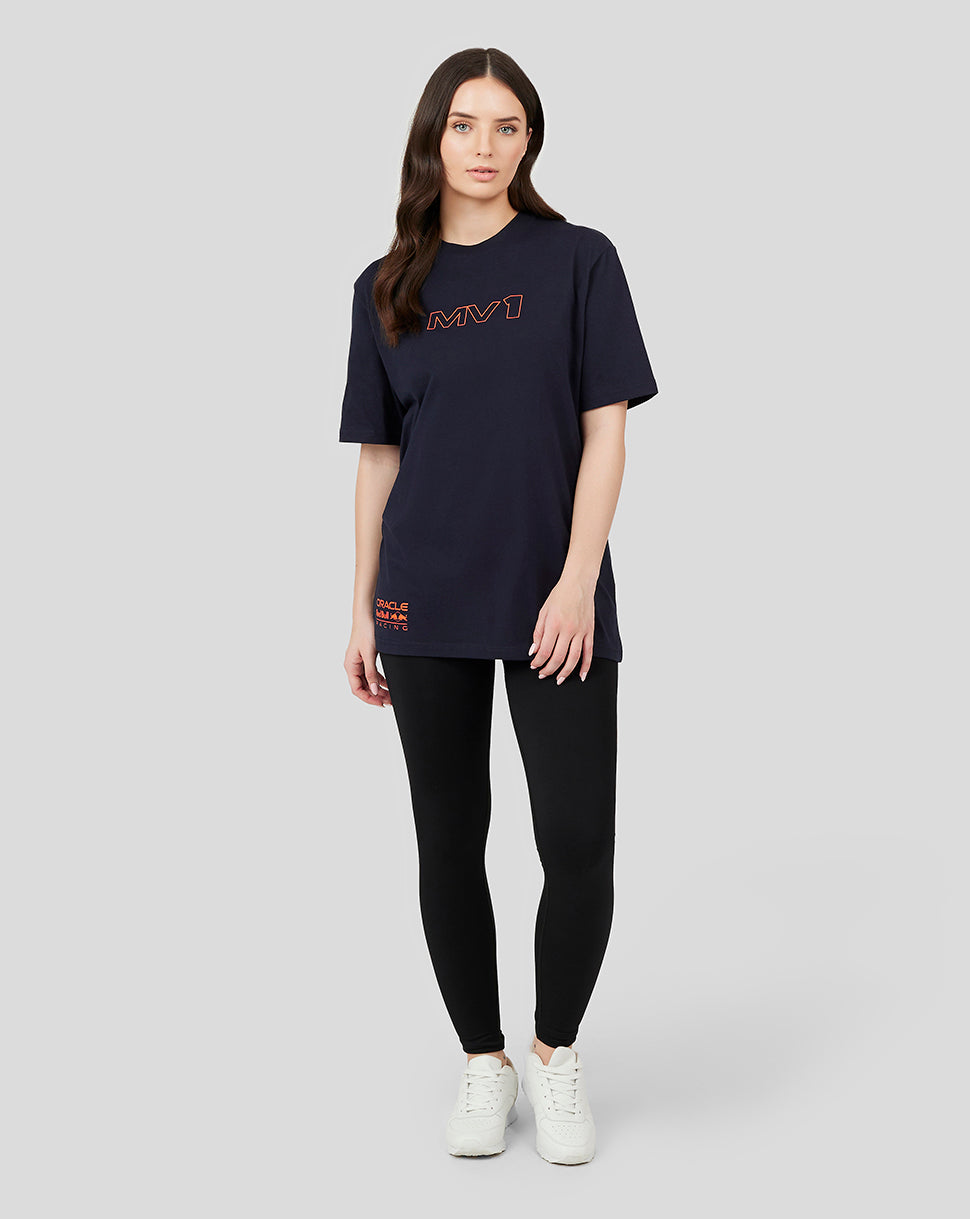 Angled front view of navy Max Verstappen T shirt with orange MV1 logo on the chest