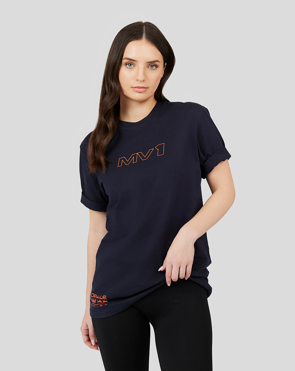 Female model wearing navy oversized Oracle Red Bull Racing T shirt with orange chest and hem logos