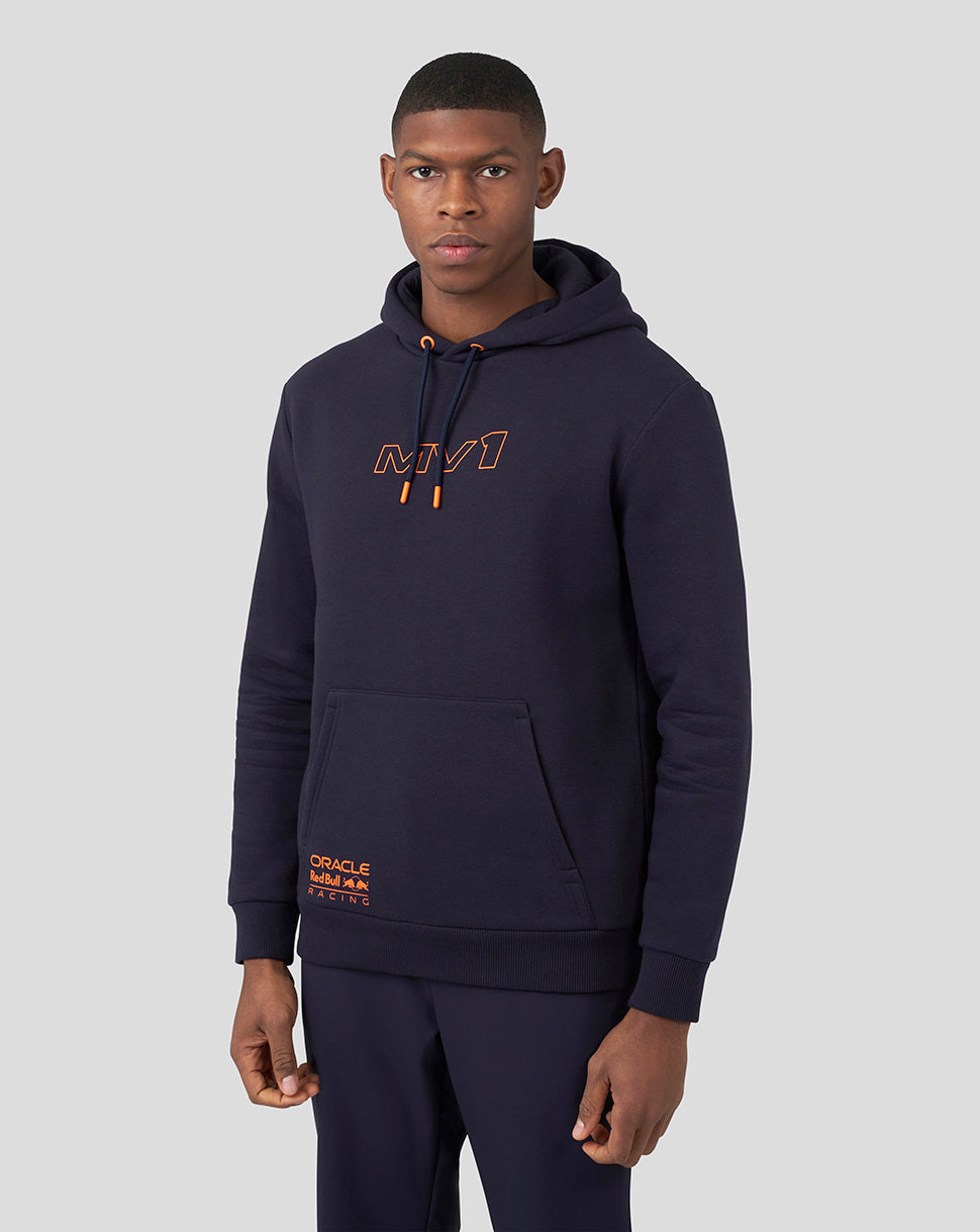 Male model in Night Sky navy Oracle Red Bull Racing hoodie with orange drawstrings and chest logo.