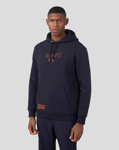Male model in Night Sky navy Oracle Red Bull Racing hoodie with orange drawstrings and chest logo.