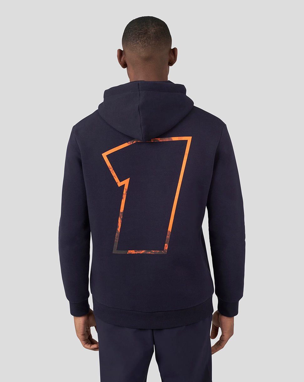 Back view of navy hoodie featuring large orange outlined seven graphic on the back